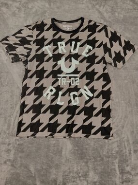 True Religion Mens Black & Gray Houndstooth Logo Tee Size Large